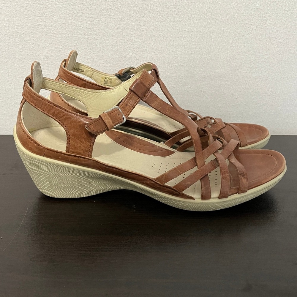 Ecco Strappy Wedge Sandals Cognac Brown Leather Womens 39 3135820